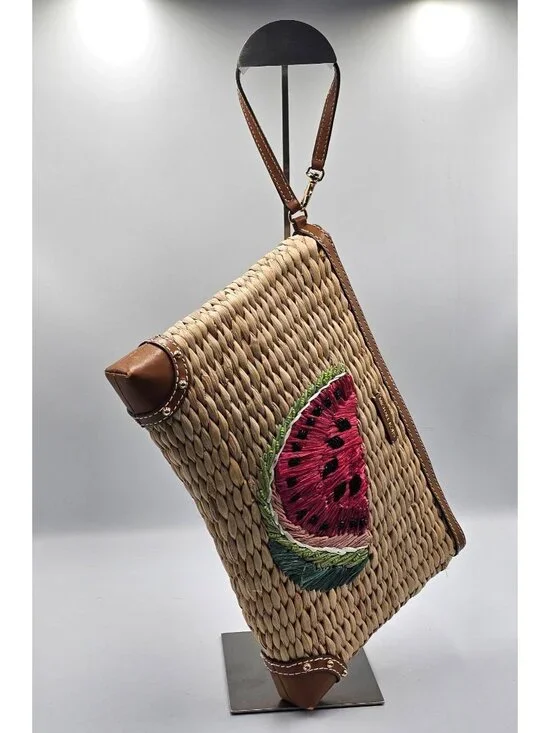 Michael Kors Women's Watermelon Raffia Malibu Straw XL Clutch Zip Wristlet 3304 - Picture 3 of 14